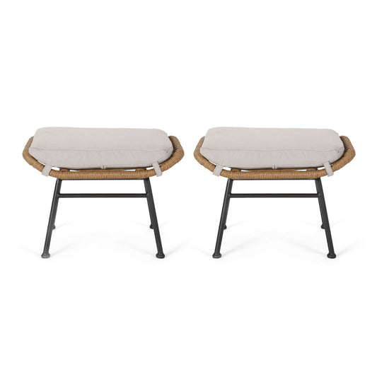 Outdoor Modern Boho Wicker Ottoman With Cushions (Set of 2)