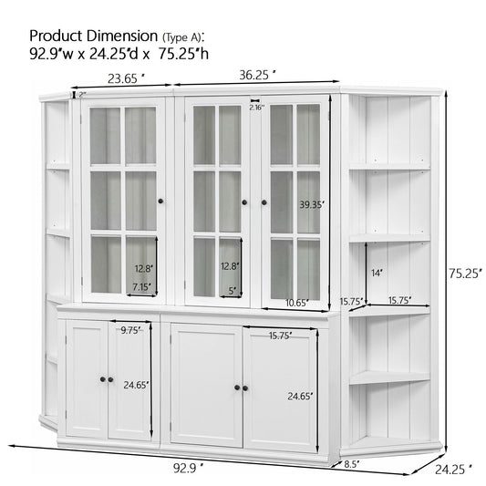 Retro Style Wall Suit With Glass Doors, 75.25" Tall Display Cabinets & Triangle Sided Bookshelves - White