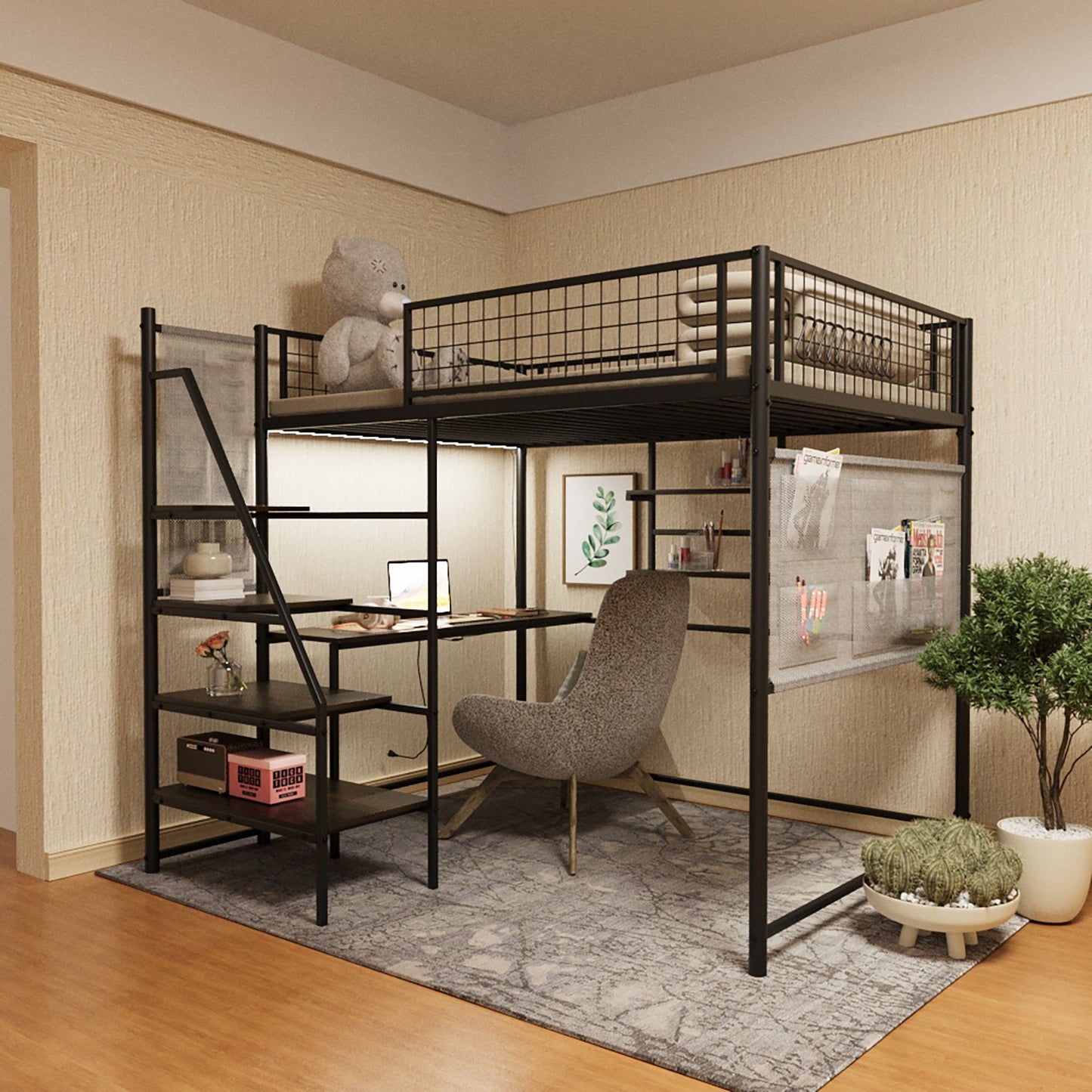 Metal Loft Bed With Built - In Charging Station And LED Light