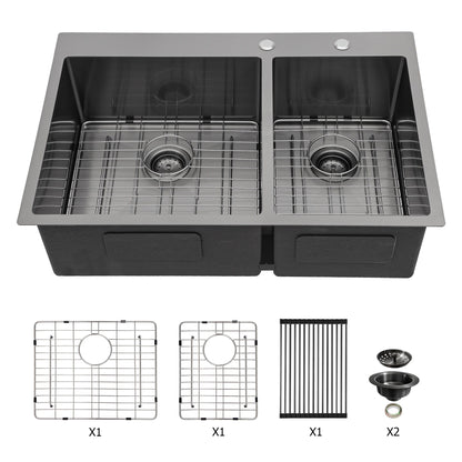 Double Bowl Kitchen Sink 16 Gauge 33" X 22" With 2 10" Deep Basins - Gunmetal Black