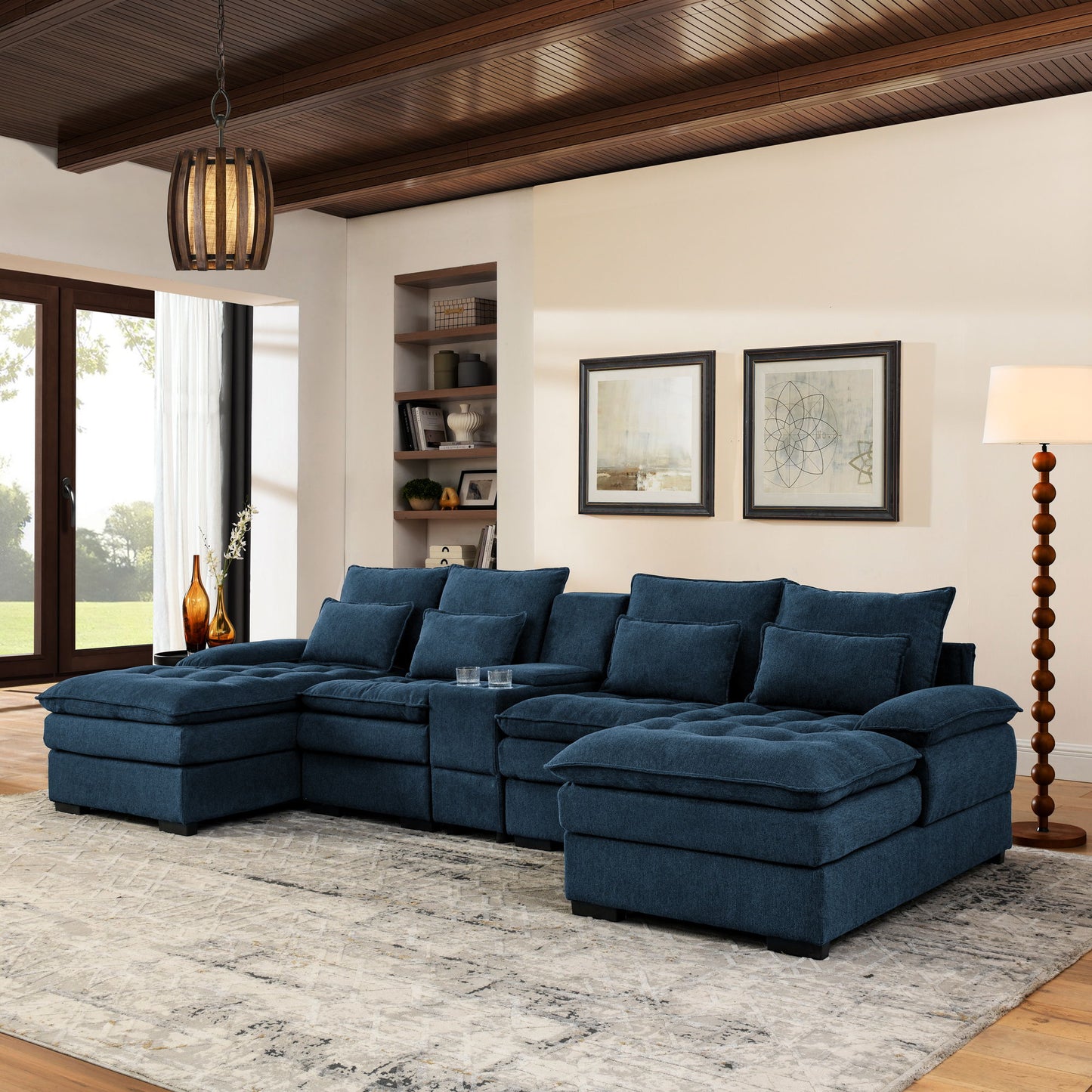 Contemporary U Shaped Sofa With Console And Cupholders