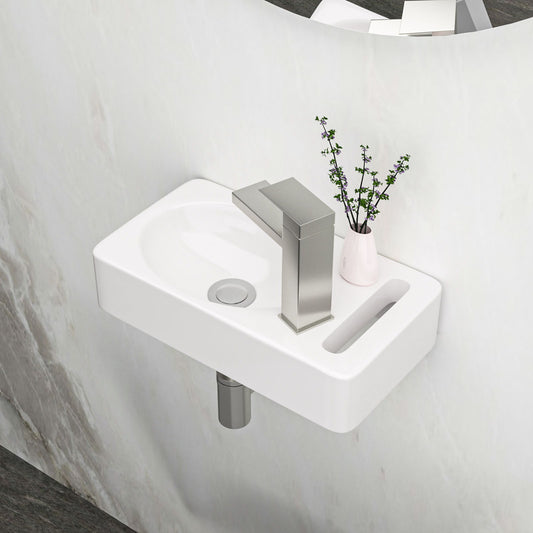 Rectangle, Wall Mount Bathroom Sink & Single Faucet Hole - White