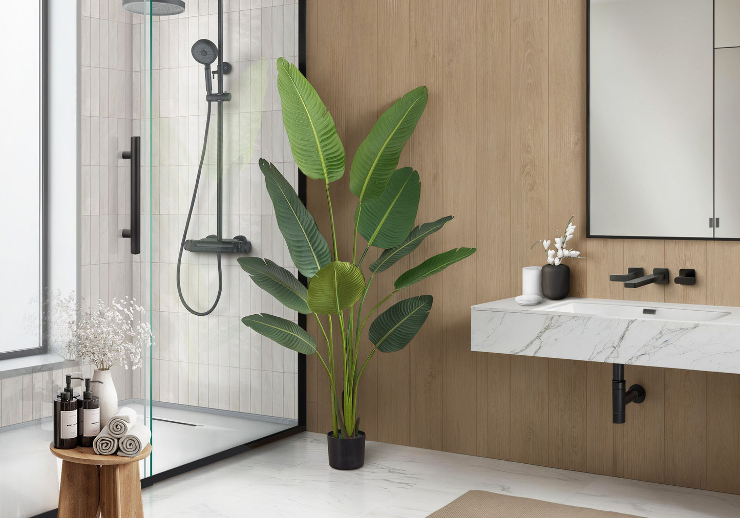 60" Tall, Artificial Plant, Bird Of Paradise Tree, Indoor, Faux, Fake, Floor, Greenery, Potted, Decorative - Green / Black