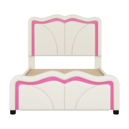 Upholstered Platform Bed & Curve Shaped And Height Adjustable Headboard, LED Light Strips