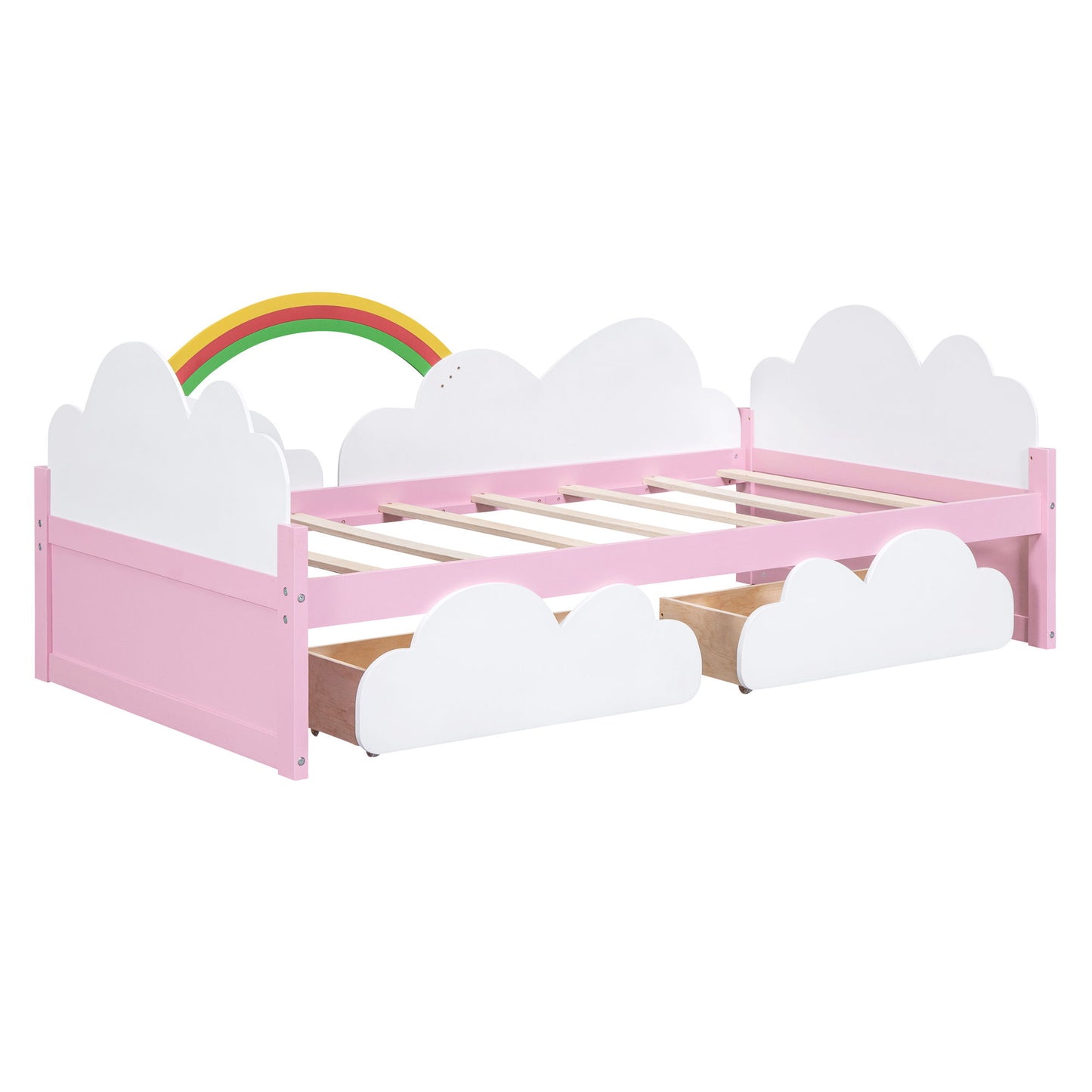Twin Size Bed With Clouds And Rainbow Decor - Pink / White