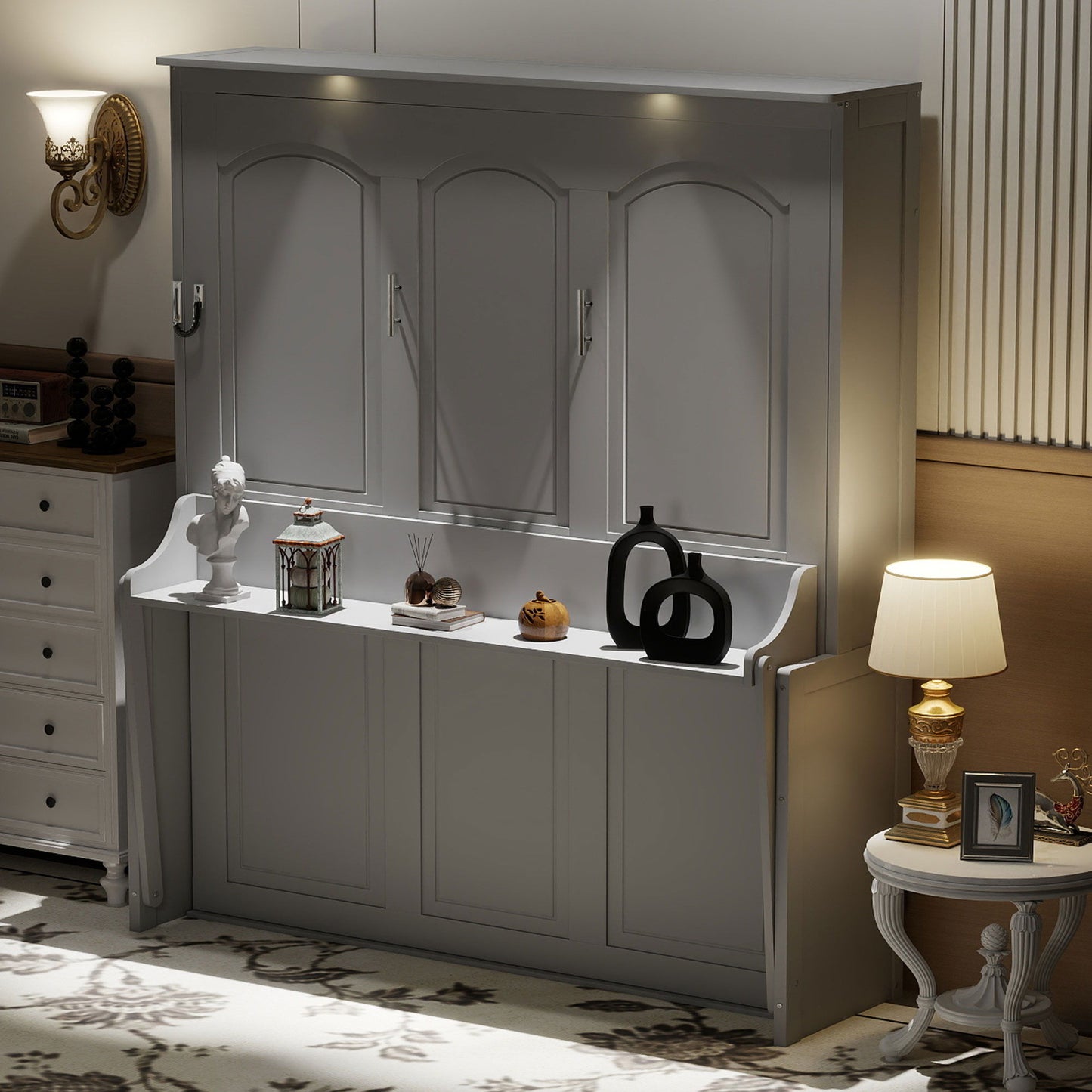 Murphy Bed With Desk, LED Lights & USB Charging Station