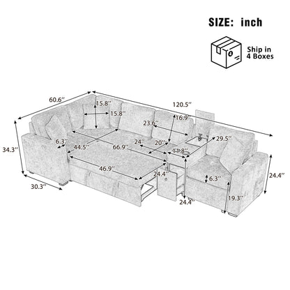 Contemporary L Shaped Convertible Sofa Bed With Pull Out Bed, Cup Holders, And Storage