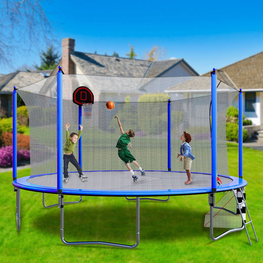 16Ft Trampoline With Basketball Hoop Pump And Ladder (Inner Safety Enclosure) With Soccer Goal - Blue