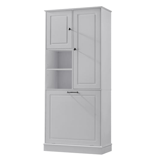 Modern Tall Storage Cabinet With Adjustable Shelves, Flip-Out Basket & Enclosed Doors