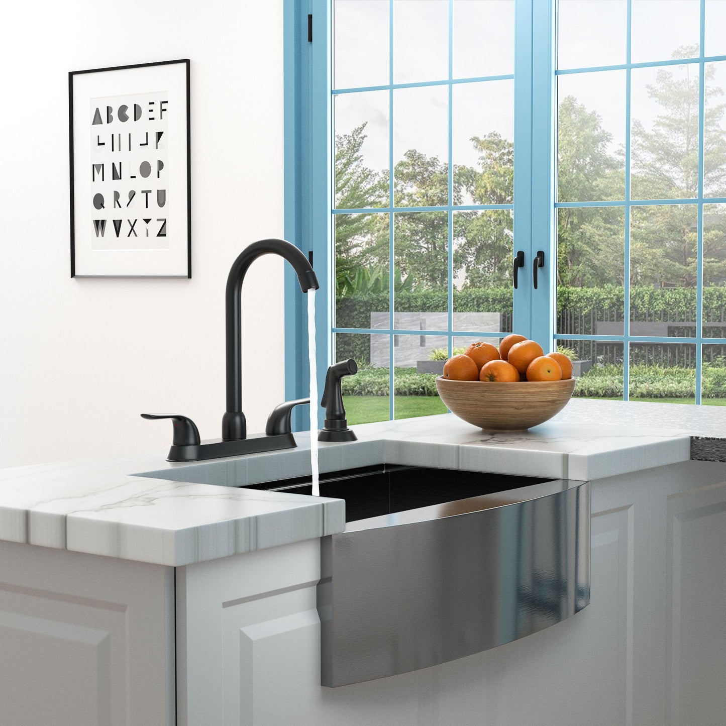 Kitchen Sink Faucet With 2 Handles And Pull Out Side Sprayer, 4 Hole Installation