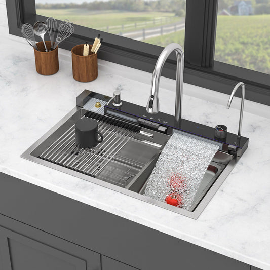 Kitchen Waterfall Sink Single Bowl With LED Faucet, Ledge Workstation, And Multi Function Pull Out Spray - Brushed Nickel