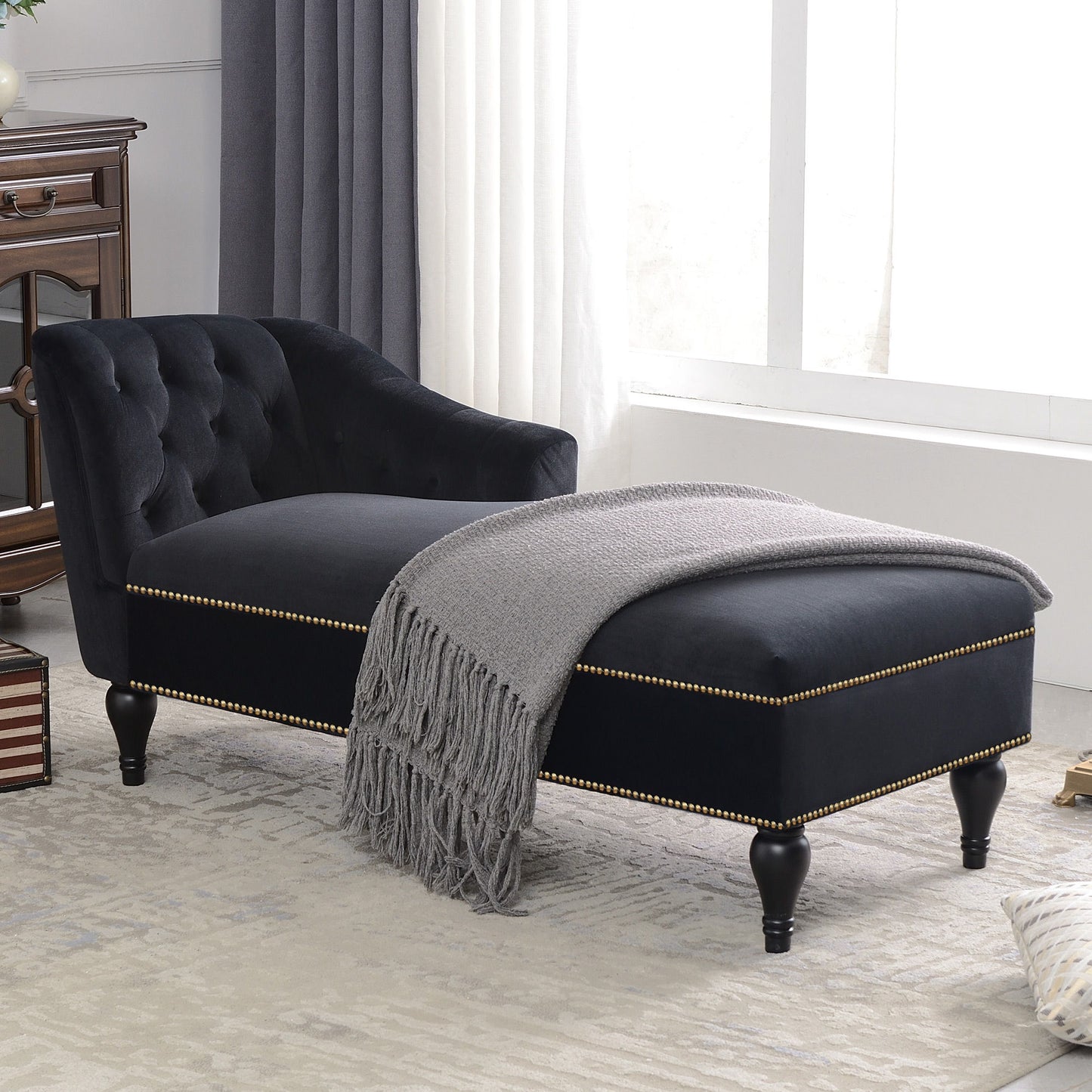 Velvet Chaise Lounge, Button Tufted Right Arm Facing Lounge Chair With Nailhead Trim For Living Room - Black
