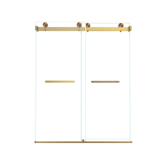 Frameless Double Sliding Shower Door, Tempered Glass, Explosion Proof Film, Square Tube Track - Brushed Gold