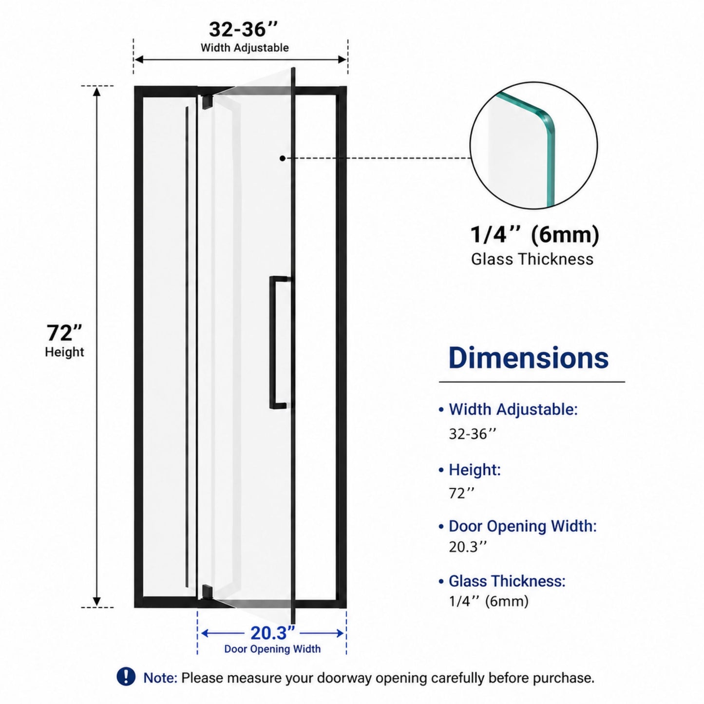 Semi-Frameless Pivot Hinged Shower Door, Reversible Design