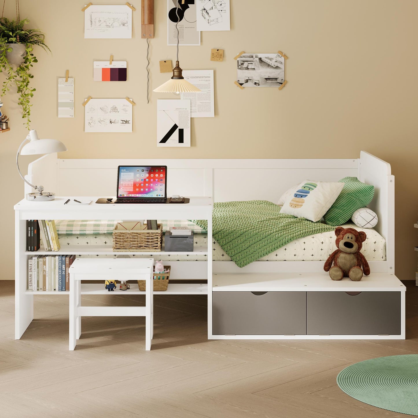 Daybed With Storage Shelves And Lockers, Multi Functional Bed With Study Desk And Matching Stool