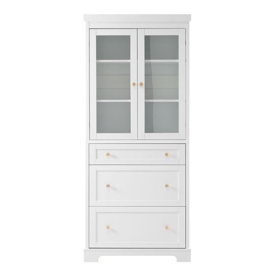 Freestanding Tall Bathroom Cabinet With Adjustable Shelves, Drawers, Soft Close Glass Doors
