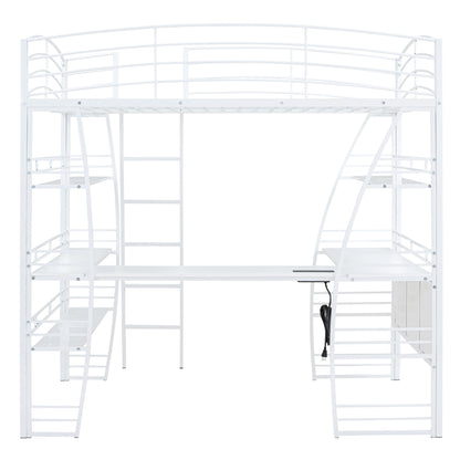 Loft Bed With 4 Layers Of Shelves And L-Shaped Desk, Stylish Metal Frame Bed With A Set Of Sockets, USB Ports And And Wireless Charging