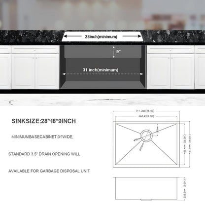 Undermount Stainless Steel Kitchen Sink, Deep Single Bowl Basin