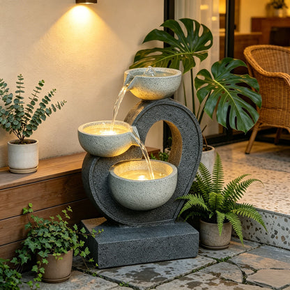 3 Tier Outdoor Water Fountain With Warm LED Lights, Stone Textured Cascading Design For Patio - Gray