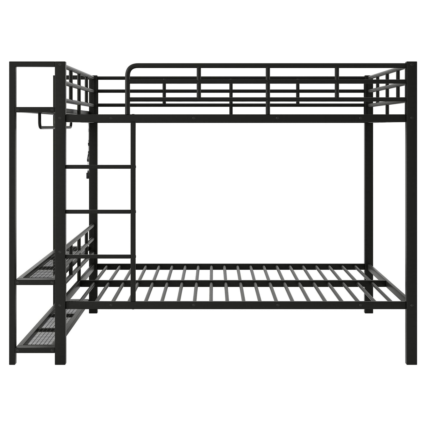 Bunk Bed With Storage Mesh Shelves, Clothes Hooks, LED Light