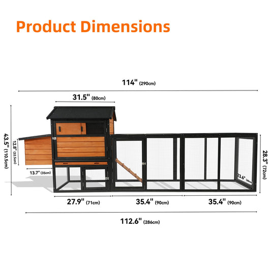 Chicken Coop With Run And Nesting Box, Large Outdoor Hen House For Backyard - Brown / Black