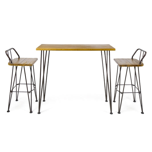 Dione Outdoor Industrial Acacia Wood Bar Set With Metal Frame And Slat Paneling - Brown