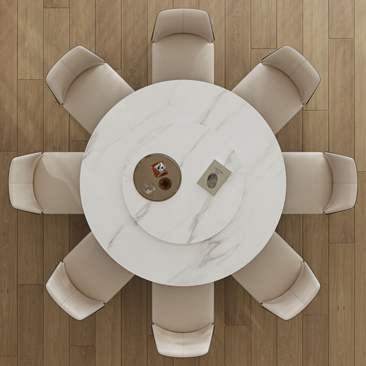 Modern Sintered Stone Dining Table With Round Turntable, Metal Pedestal, And Chairs