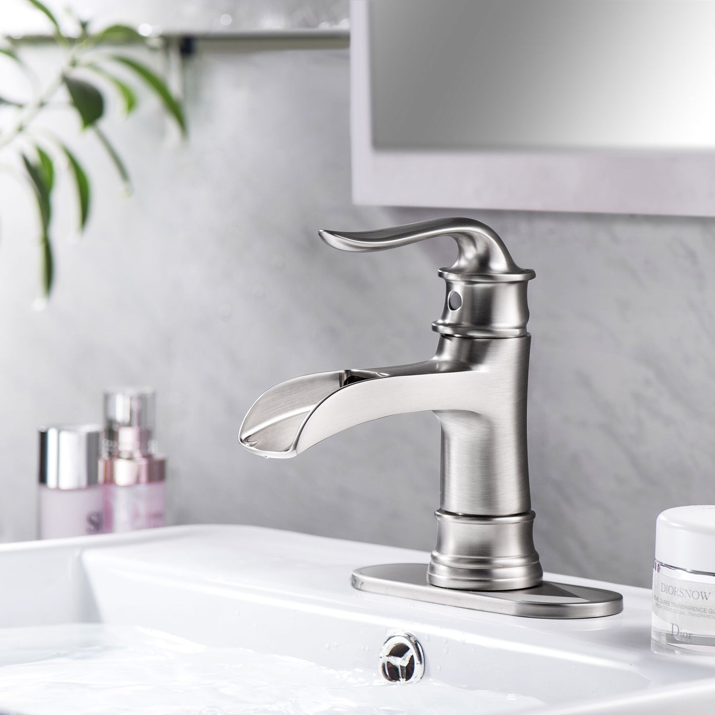 Waterfall Spout Bathroom Faucet With Single Handle And Pop Up Drain - Brushed Nickel