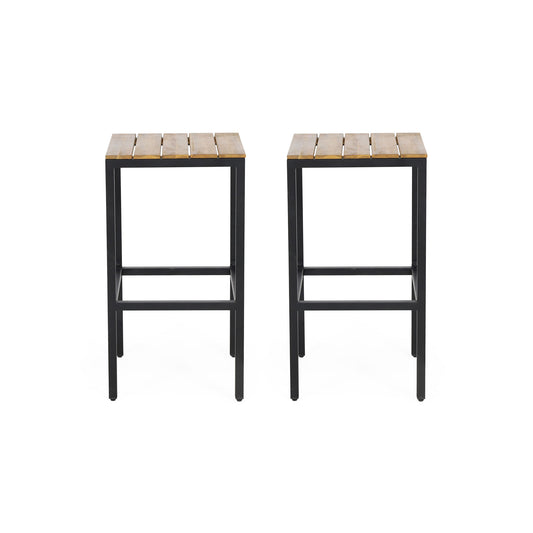 Outdoor Bar Stool With Slat Design And Metal Frame (Set of 2)