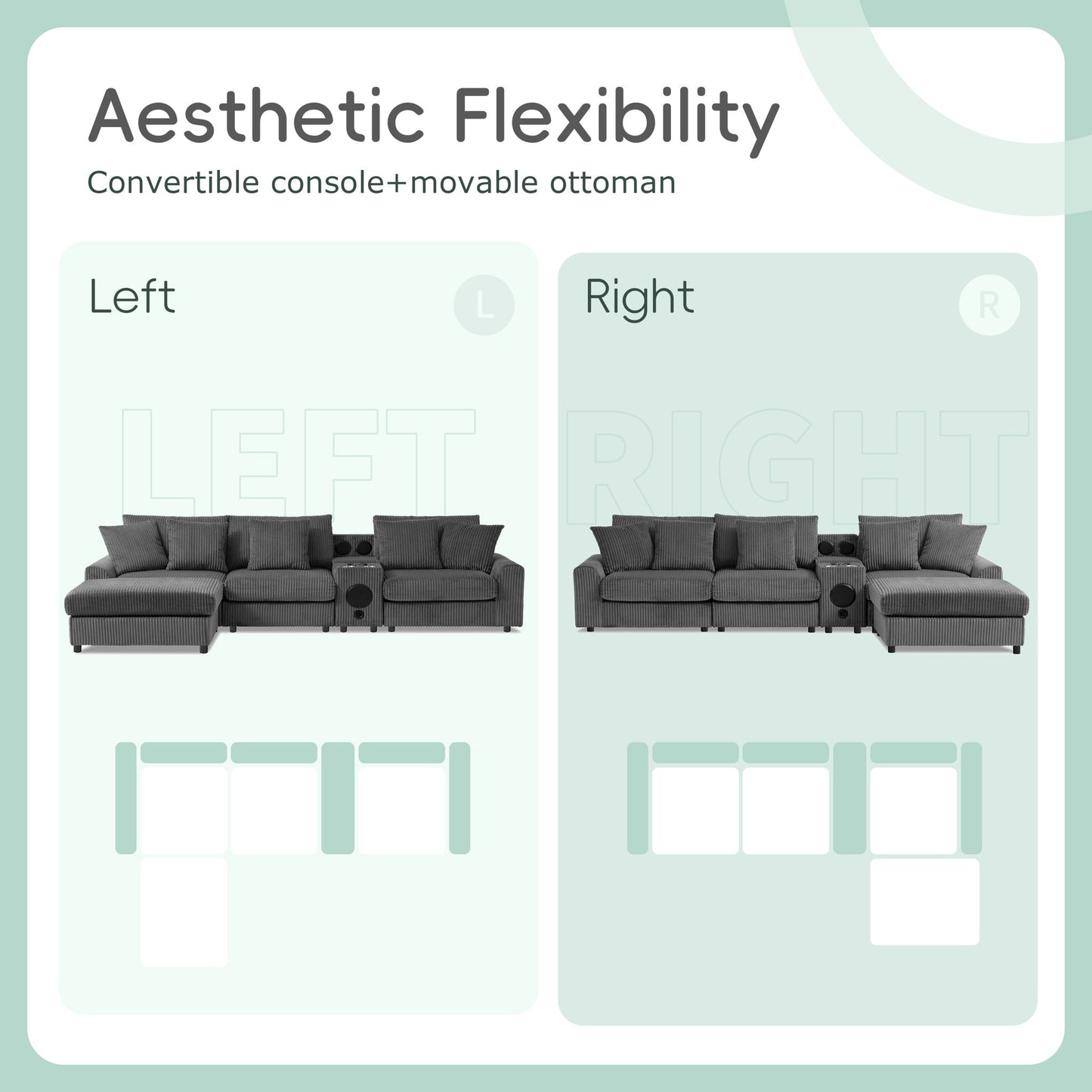 Sectional With Bluetooth Speakers L Shaped Couch With Console USB Charger, Cup Holders Storage Ottoman Deep And Wide Seat Cloud Sofa