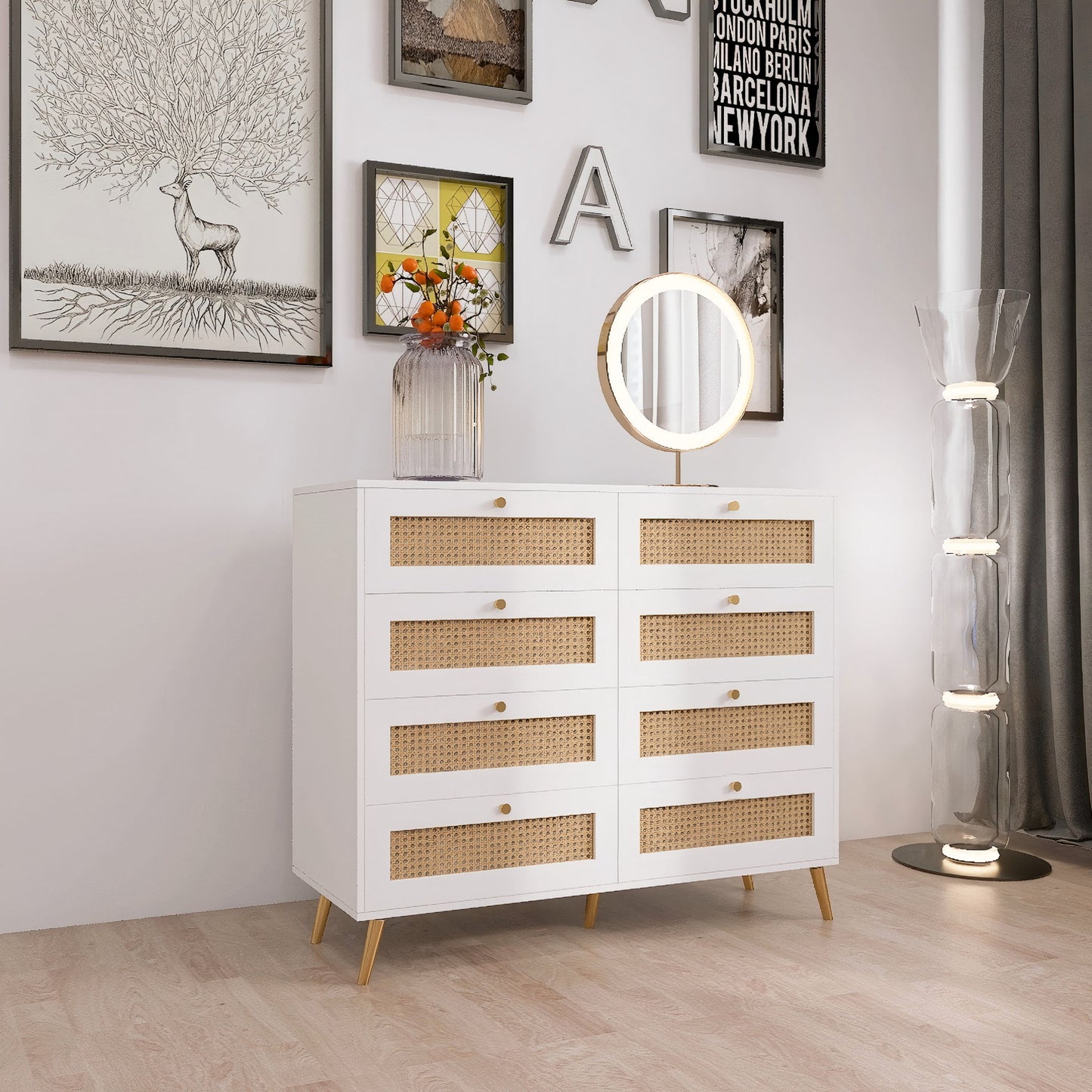 8 Drawers Chest Of Drawers With Rattan Drawer Face Golden Legs And Handles - White