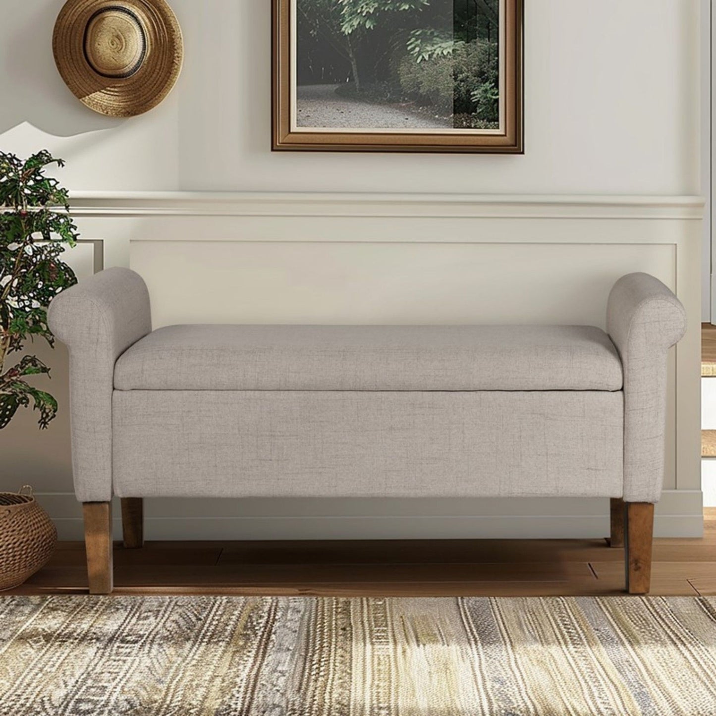 Upholstered Storage Bench With Rolled Armrests - Beige