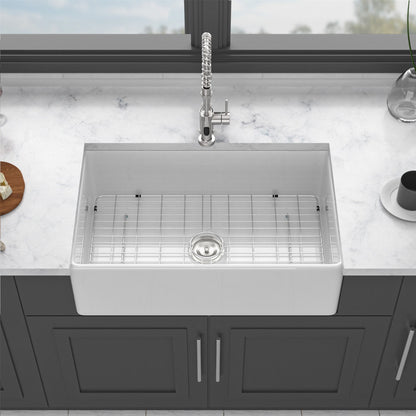 Ceramic Farmhouse Sink With Deep Basin And Stainless Steel Grid