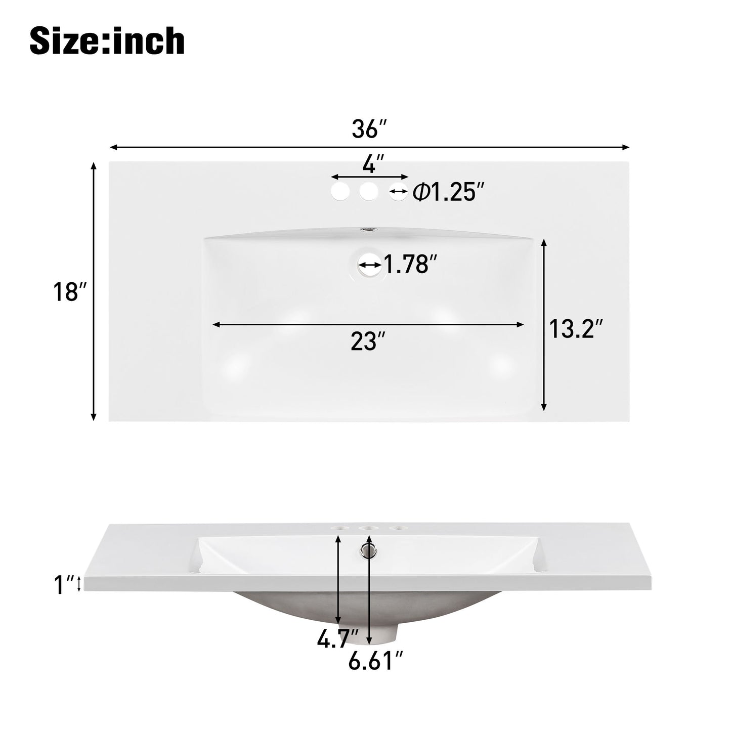 Single Bathroom Basin Sink, Vanity Top Only With 3 Faucet Holes