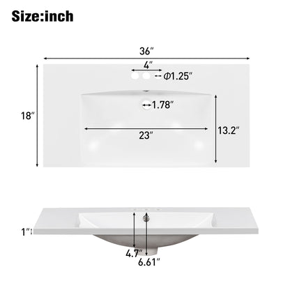 Single Bathroom Basin Sink, Vanity Top Only With 3 Faucet Holes