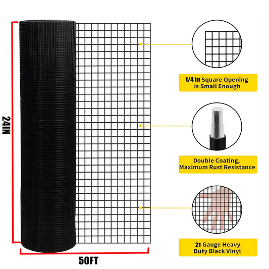 Vinyl Coated Hardware Cloth, 21 Gauge, Galvanized Steel, For Poultry Netting And Chicken Coop - Black