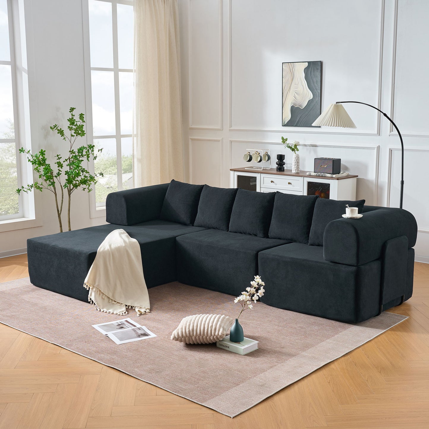Modular L-Shaped Sectional Sofa With Deep Seat, Movable Chaise & 5 Pillows