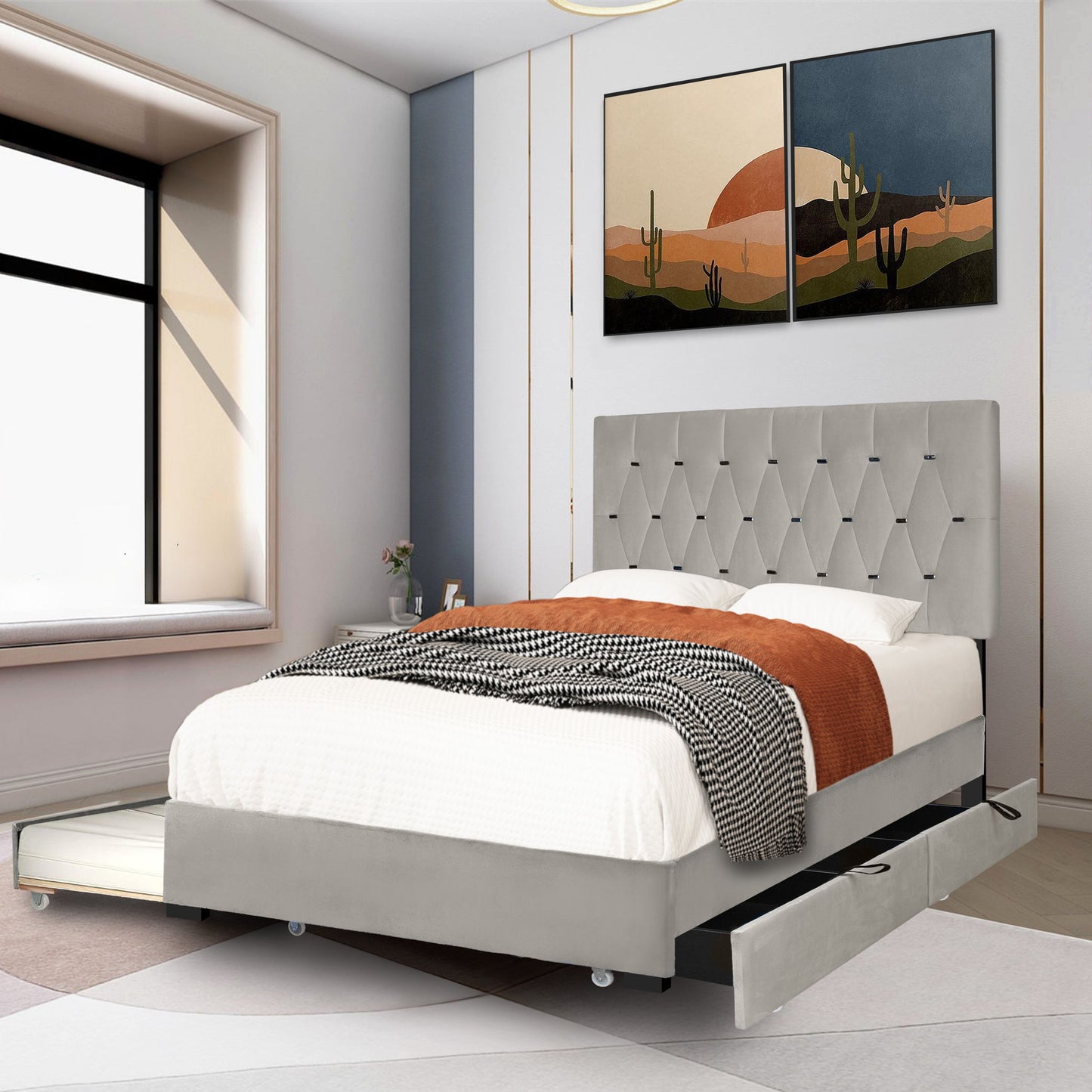 Trundle Pull Out Drawers Storage Upholstered Bed Modern Design No Box Spring Required