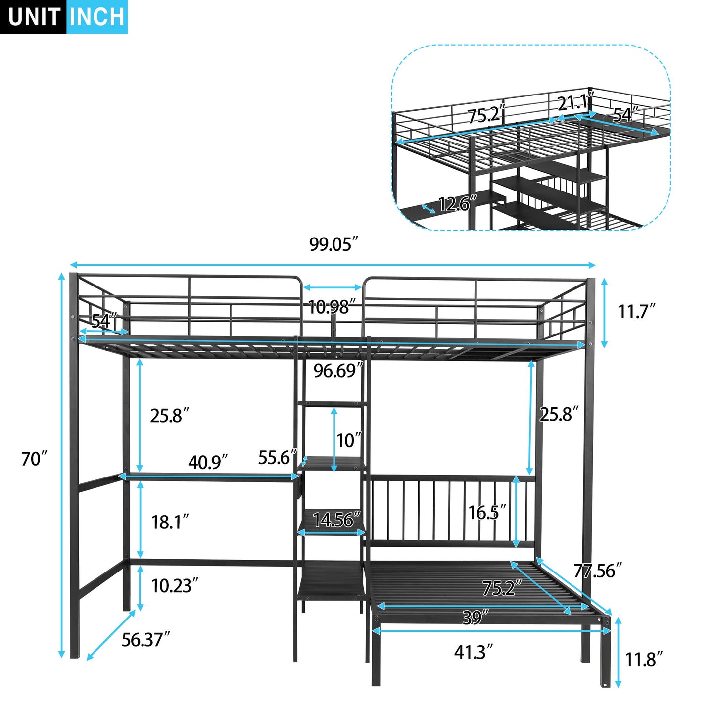 Full Over Twin Bunk Bed With Built In Desk, Shelves And Ladder - Black