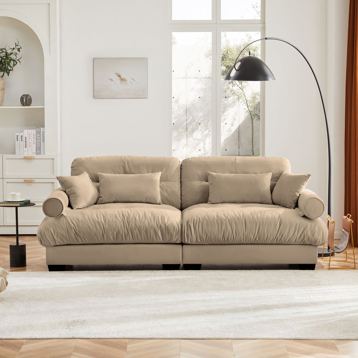 Modern Velvet Sofa With Bolstered Armrests And Pillows