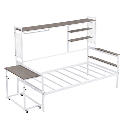 Daybed With Movable Desk, Grid, Shelves And Clothes Hanger