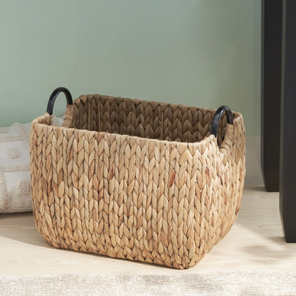 Rectangular Multi Purpose Water Hyacinth Woven Wicker Baskets With Handles - Natural / Brown