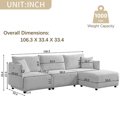 Modern Minimalist Corduroy Combination Sofa With 2 Comfort Cushions With USB & C Charging Ports