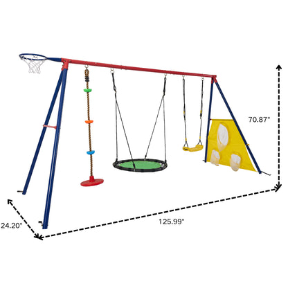 5 In 1 Swing Set With Textilene Swing And Tree Swing Disc Metal Plastic Safe Swing Seat For Outdoor Playground - Blue / Green