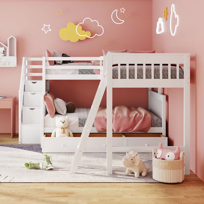 Solid L Shaped Bunk Bed With 3 Drawers, Ladder And Staircase