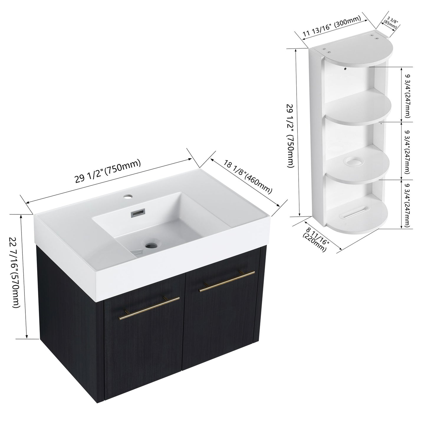 Modern Wall Mounted Bathroom Vanity With Thick Edge Resin Sink And Storage Rack