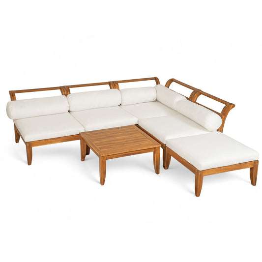 6 Piece Patio Sofa Set, Acacia Wood Outdoor Modular Sectional Garden Furniture Set L Shaped Conversation Set, Convertible Daybed With Tea Table, Ottoman, 5 Cushions And Pillows - Teak / Beige