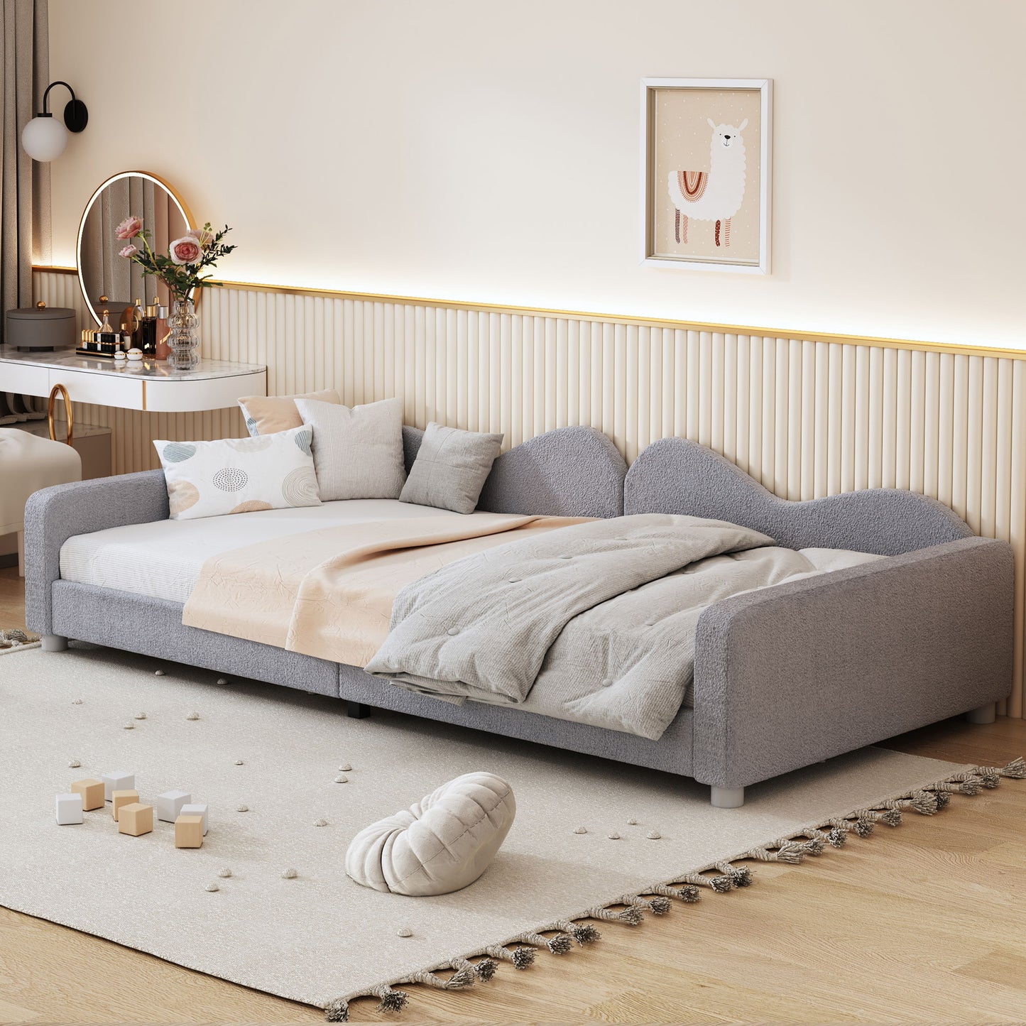 Upholstered Daybed, Sherpa Fabric Sofabed With Cloud-Shaped Backrest