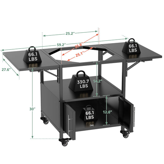 Outdoor Grill Table For Big Egg Style Bbq Metal Grill Cart With 2 Folding Panels Metal - Black