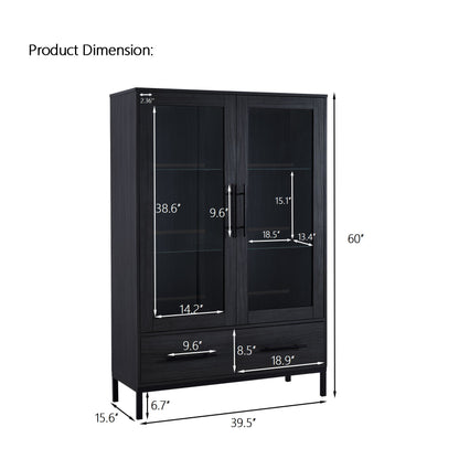 Modern Style Tall Display Cabinet With LED Lighting, Tempered Glass Door, 2 Drawers